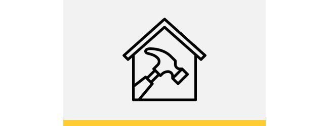 A hammer head inside of a house outlined icon placed on top of a light grey rectangle with an HD Supply yellow bottom border